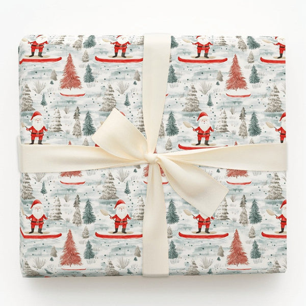 Red Canoe Winter Forest Gift Wrap, Santa in Canoe Wrapping Paper, Outdoor Adventure Christmas Paper, Whimsical Holiday Wrappi