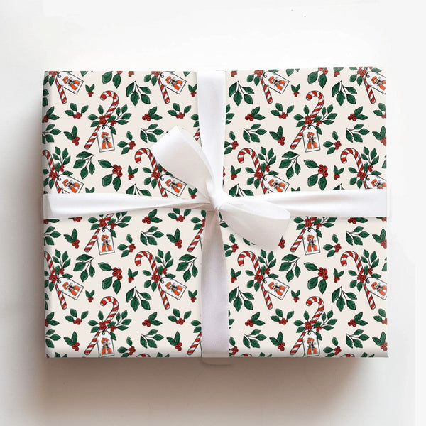 Candy Cane Holly Gift Wrapping Paper, Fox Christmas Wrapping Paper, Adorable Winter Fox Wrap Paper, Holiday Gift Wrap, Whimsi