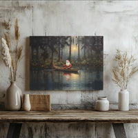 Mystical Bayou Christmas Canvas Wall Art, Santa Claus Swamp Boat Canvas Print, Rustic Southern Santa Canvas Decor