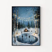 Comfy Forest String Lights Art Print, Winter Ice Skating Cabin Poster, Seasonal Christmas Wall Art Poster, Rustic Holiday Painting Print
