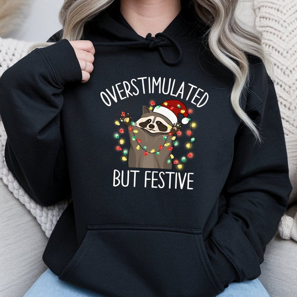 Humorous Christmas Lights Raccoon Sweatshirt, Overstimulated but Festive Raccoon Hoodie, Holiday Chaos Pullover, Adorable Xma