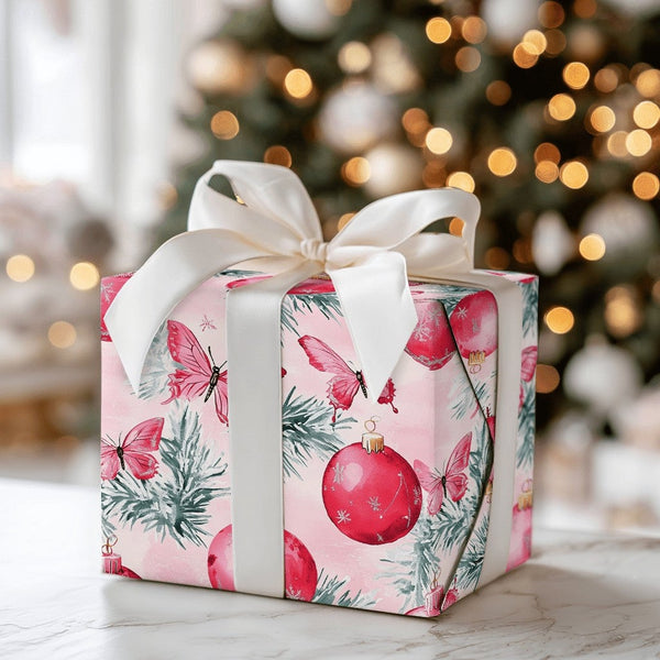 Red Ornament Gift Wrap, Pink Butterfly Christmas Wrapping Paper, Whimsical Winter Pine Present Wrap, Coquette Holiday Gift Wr
