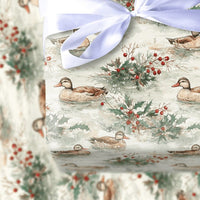 Winter Nature Christmas Gift Wrap, Watercolor Ducks Holly Wrapping Paper, Rustic Wildlife Holiday Paper, Festive Present Wrapping Paper