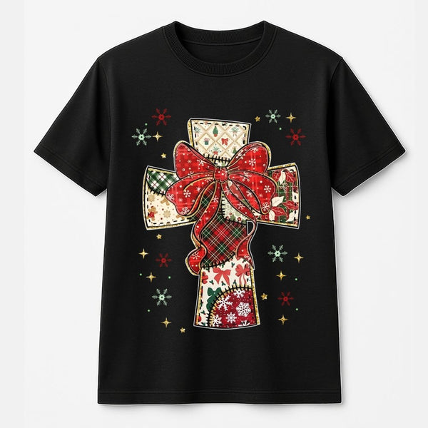 Religious Holiday Cross Shirt, Patchwork Christmas Cross T-Shirt, Christian Faith Christmas Tee, Retro Quilt Graphic T-Shirt,