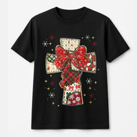 Religious Holiday Cross Shirt, Patchwork Christmas Cross T-Shirt, Christian Faith Christmas Tee, Retro Quilt Graphic T-Shirt, Xmas Present