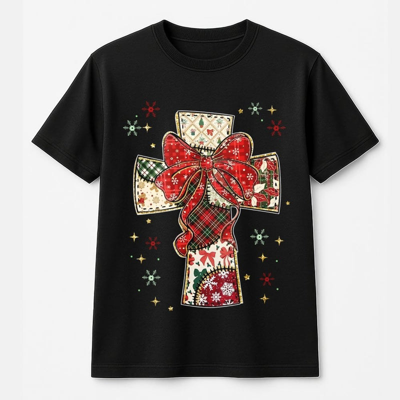 Religious Holiday Cross Shirt, Patchwork Christmas Cross T-Shirt, Christian Faith Christmas Tee, Retro Quilt Graphic T-Shirt, Xmas Present