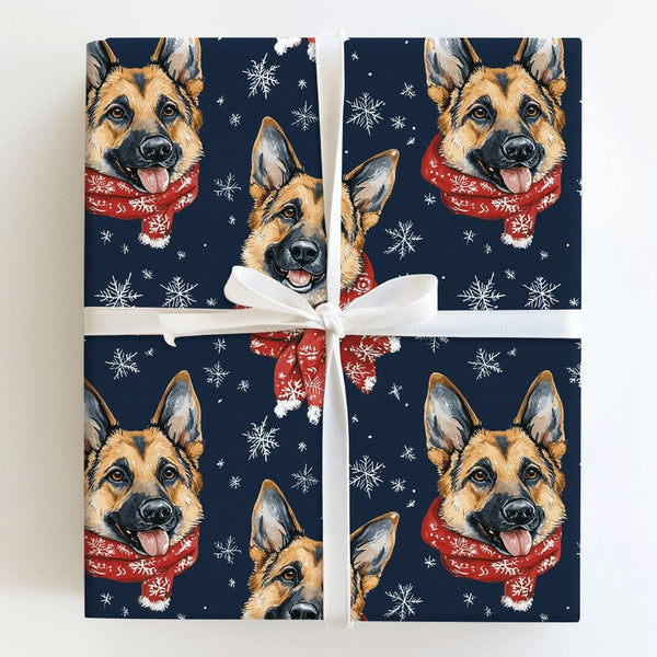 Winter Dog Gift Wrap, German Shepherd Christmas Wrapping Paper, Red Scarf Snowflake Wrapping Paper, Holiday Dog Lover Gift Wr