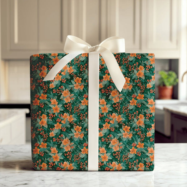 Orange Botanical Holiday Wrapping Paper, Vintage Floral Christmas Wrapping Paper, Red Berry Winter Wrapping Paper, Festive Ho