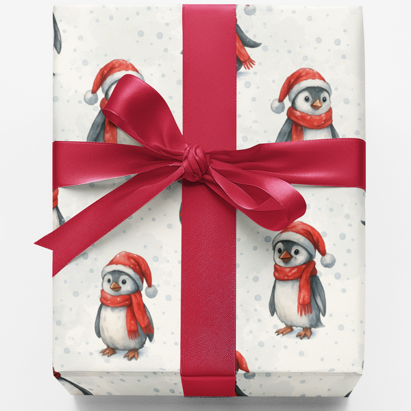 Santa Hat Penguin Gift Wrap, Christmas Penguin Wrapping Paper, Winter Holiday Wrapping Paper, Whimsical Snow Gift Wrap, Xmas 