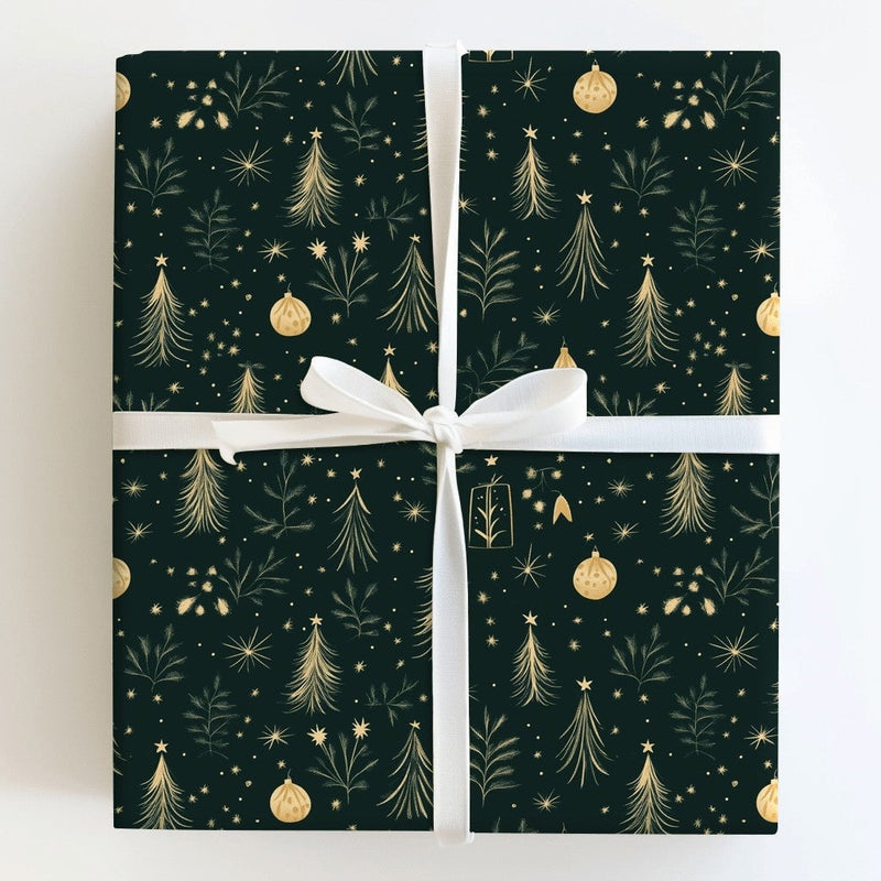 Dark Green Holiday Gift Wrap, Gold Christmas Tree Wrapping Paper, Elegant Xmas Tree Wrapping Paper, Winter Star Paper, Festive Gift Wrap