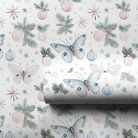 Pine Branch Holiday Gift Wrap, Pastel Butterfly Christmas Wrapping Paper, Whimsical Butterfly Wrapping Paper, Winter Ornament Present Paper