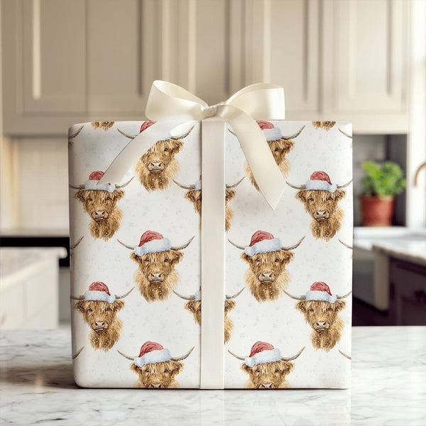 Santa Hat Cow Gift Wrap, Christmas Highland Cow Wrapping Paper, Watercolor Snowflake Wrapping Paper, Rustic Farmhouse Holiday