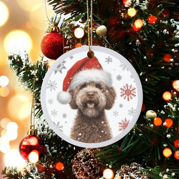 Santa Hat Puppy Ceramic Ornament, Labradoodle Christmas Ornament, Adorable Dog Holiday Tree Ornament, Pet Keepsake Present fo
