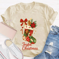Retro Festive Pattern Tee, Christmas Bows and Holiday Socks Shirt, Adorable Christmas Graphic T-Shirt, Comfy Winter Holiday Present