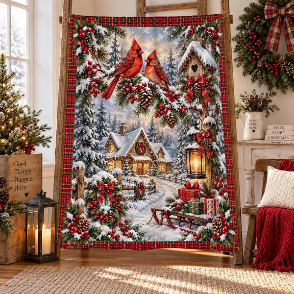 Snowy Cottage Winter Bird Throw Blanket, Red Cardinal Christmas Sherpa Blanket, Plaid Cardinal Fleece Blanket