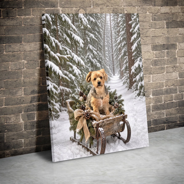 Snowy Forest Dog Wall Art, Winter Terrier Sled Canvas, Christmas Puppy Sleigh Canvas Print, Rustic Holiday Dog Lover Wall Dec