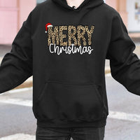 Leopard Santa Hat Sweatshirt, Merry Christmas Hoodie, Adorable Holiday Graphic Hooded Sweater, Comfy Winter Xmas Pullover, Womens Christmas Present