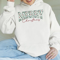 Retro Pine Tree Lettering Hoodie, Merry Christmas Varsity Hoodie, Vintage Winter Aesthetic Hooded Sweatshirt, Festive Xmas Pullover
