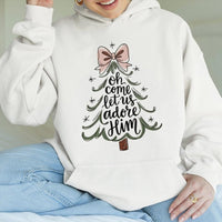 Christmas Tree Bow Sweatshirt, Oh Come Let Us Adore Him Hoodie, Christian Holiday Hooded Pullover, Religious Xmas Hoodie, Faith Present for Her