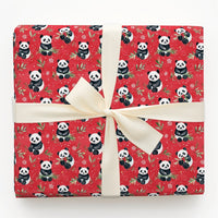 Red Holiday Panda Gift Wrap, Adorable Panda Bear Christmas Wrapping Paper, Festive Snowflake Wrapping Paper, Kids Animal Present Paper