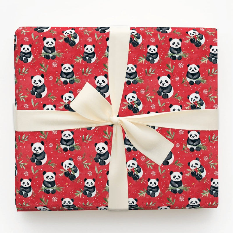 Red Holiday Panda Gift Wrap, Adorable Panda Bear Christmas Wrapping Paper, Festive Snowflake Wrapping Paper, Kids Animal Present Paper