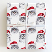 Cat in Santa Hat Gift Wrap, Grey Cat Christmas Wrapping Paper, Watercolor Kitten Holiday Wrapping Paper, Pet Lover Xmas Present Paper