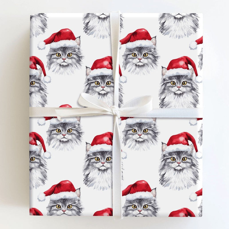 Cat in Santa Hat Gift Wrap, Grey Cat Christmas Wrapping Paper, Watercolor Kitten Holiday Wrapping Paper, Pet Lover Xmas Present Paper