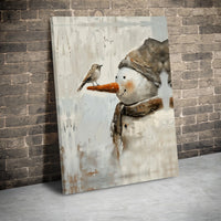 Impressionist Snow Scene Painting, Snowman and Bird Winter Wall Art Canvas Print, Farmhouse Christmas Holiday Poster, Digital Download