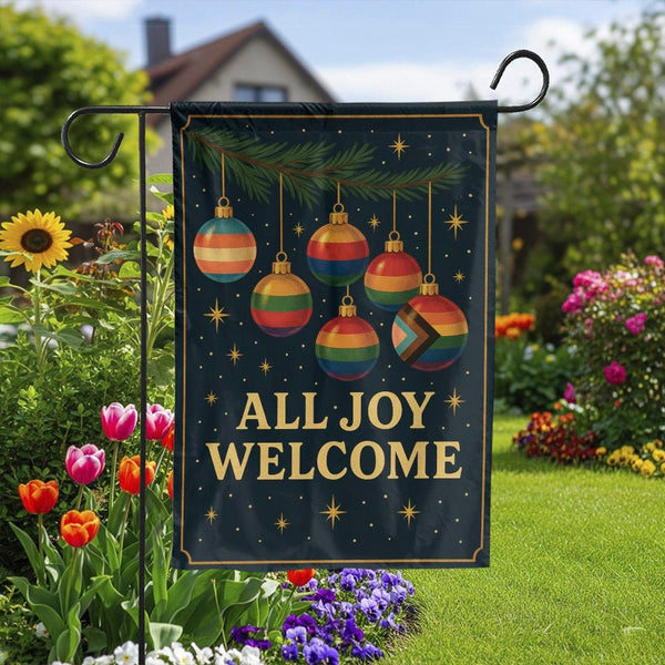 All Joy Welcome Holiday Yard Flag, LGBTQ Pride Garden Flag, Rainbow Christmas Ornaments Outdoor Flag, Inclusive Holiday Garde