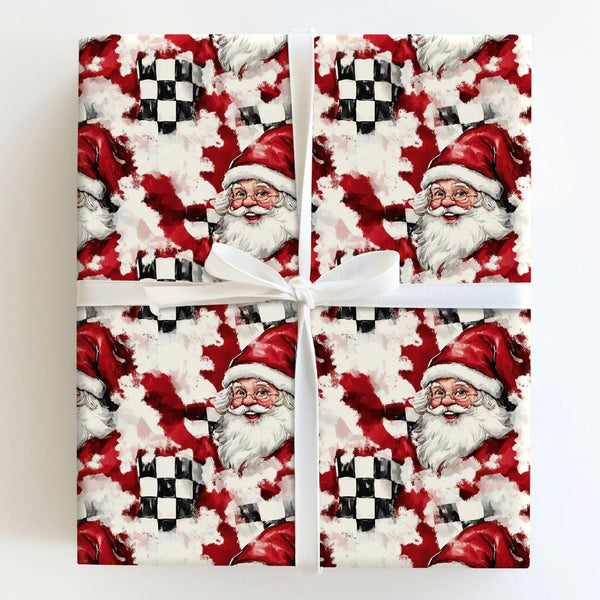 Checkered Flag Racing Gift Wrap, Racing Santa Wrapping Paper, Motorsport Santa Christmas Wrapping Paper, Auto Racing Holiday 