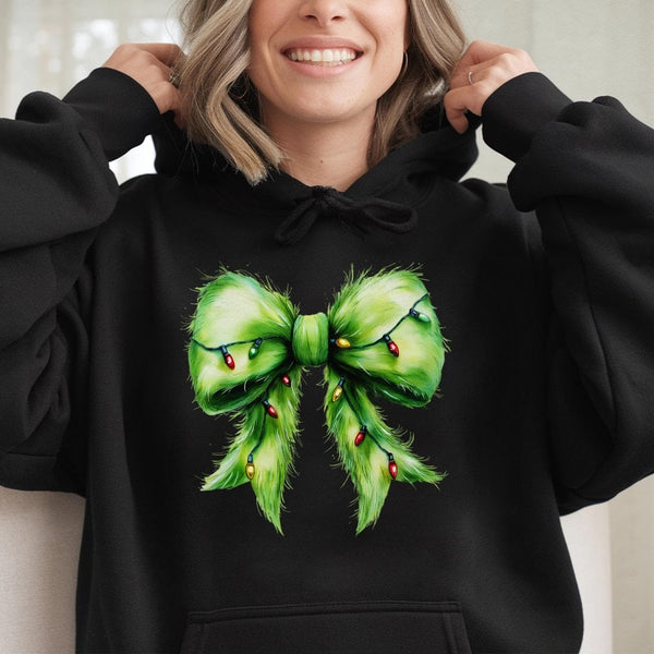 Coquette Bow with Holiday Lights Hooded Sweatshirt, Fuzzy Green Bow Christmas Hoodie, Preppy Christmas Pullover, Adorable Xma