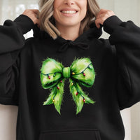 Coquette Bow with Holiday Lights Hooded Sweatshirt, Fuzzy Green Bow Christmas Hoodie, Preppy Christmas Pullover, Adorable Xmas Present for Her