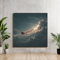 Dramatic Christmas Flight Canvas Wall Art, Santa Sleigh Reindeer Night Sky Canvas, Vintage Holiday Scene Print, Winter Holiday Decor