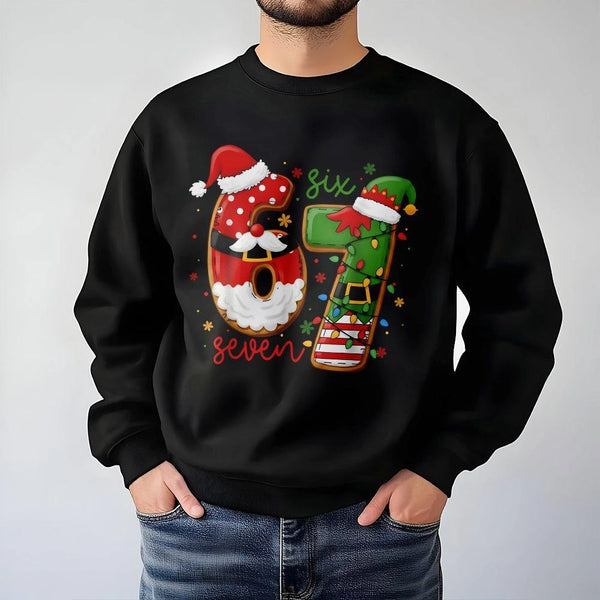 Humorous Santa and Elf Holiday Sweater, 67 Christmas Sweatshirt, Retro Xmas Party Crewneck, Festive Graphic Pullover, Winter 
