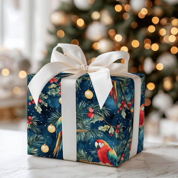 Tropical Holiday Bird Gift Wrap, Macaw Christmas Wrapping Paper, Watercolor Scarlet Macaw Wrapping Paper, Festive Winter Pres