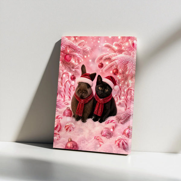 Santa Hat Pets in Candy Cane Wonderland, Christmas Bunny and Black Cat Canvas Print, Holiday Wall Art, Present for Cat and Ra