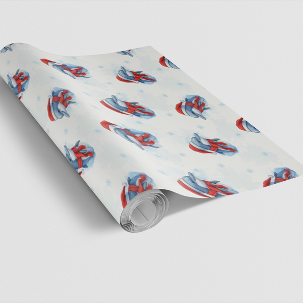 Winter Ocean Holiday Wrapping Paper, Christmas Dolphin Gift Wrapping Paper, Adorable Marine Animal Gift Wrapping Paper, Kids 