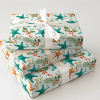 Coastal Christmas Wrapping Paper, Teal and Orange Starfish Wrapping Paper, Beach Holiday Botanical Wrapping Paper, Nautical Xmas Gift Wrap