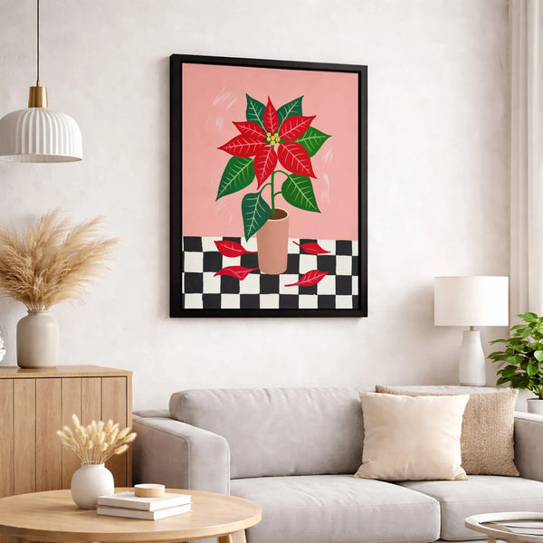 Modern Christmas Botanical Canvas, Pink Poinsettia Wall Art, Festive Checkerboard Poinsettia Print, Holiday Poinsettia Poster