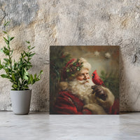 Classic Christmas Holiday Wall Art, Vintage Santa with Red Cardinal Canvas, Santa Claus Painting Canvas Print, Winter Canvas Decor Present