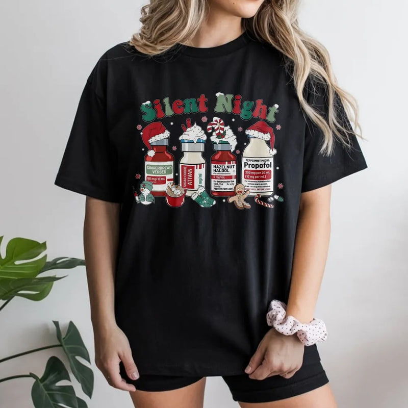 Humorous Medical Scrub T-Shirt, Silent Night Christmas T-Shirt, Nurse Holiday Graphic Tee, ICU RN Healthcare Christmas T-Shirt, Nurse Present