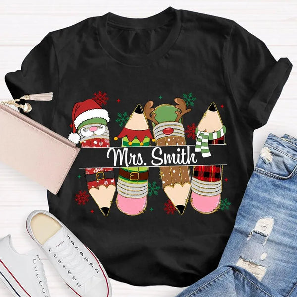 Custom Name Pencil Snowflake Shirt, Personalized Christmas T-Shirt, Teacher Holiday Graphic Tee, Custom Xmas T-Shirt, Holiday