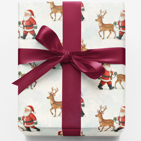 Christmas Holiday Gift Wrap, Watercolor Santa and Reindeer Wrapping Paper, Adorable Xmas Pattern Wrapping Paper, Winter Prese