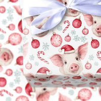 Adorable Piglet Holiday Gift Wrap, Santa Hat Pig Christmas Wrapping Paper, Watercolor Farm Animal Wrapping Paper, Festive Xmas Gift Wrap Roll