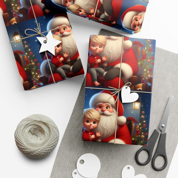Adorable Holiday Gift Wrap, Santa Claus and Child Christmas Wrapping Paper, Festive Kids Xmas Present Paper, Vintage Santa Cl