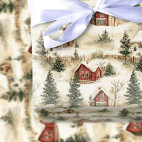 Rustic Winter Village Gift Wrap, Snowy Red Cabin Christmas Wrapping Paper, Vintage Cottage Wrapping Paper, Holiday Present Gift Wrap Roll