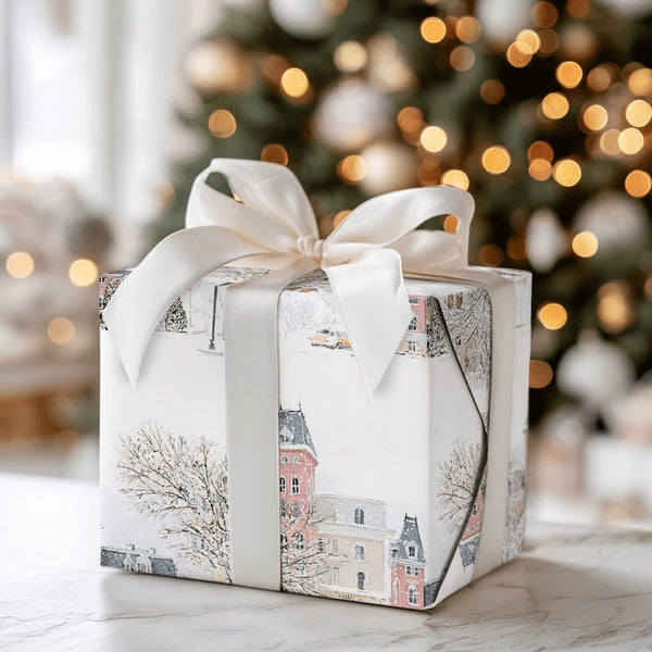 Vintage Christmas Village Gift Wrap, Snowy Winter Town Wrapping Paper, Yellow Car Holiday Wrapping Paper, Festive Winter Wrap