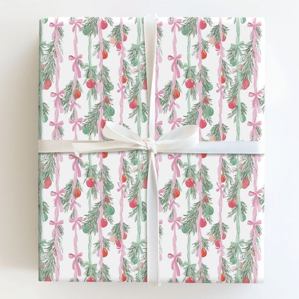Watercolor Garland Gift Wrap, Christmas Wrapping Paper, Pink and Green Bows Holiday Gift Wrap Paper, Festive Present Wrapping