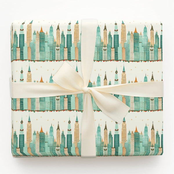 NYC Skyscraper Gift Wrap, Christmas City Skyline Wrapping Paper, Holiday City Wreath Wrapping Paper, Urban Architecture Gift 