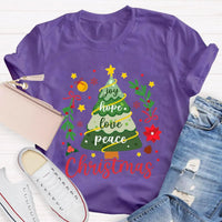Joy Hope Love Peace Holiday Graphic Tee, Christmas Tree T-Shirt, Retro Xmas Tree Shirt, Festive Holiday Apparel Present